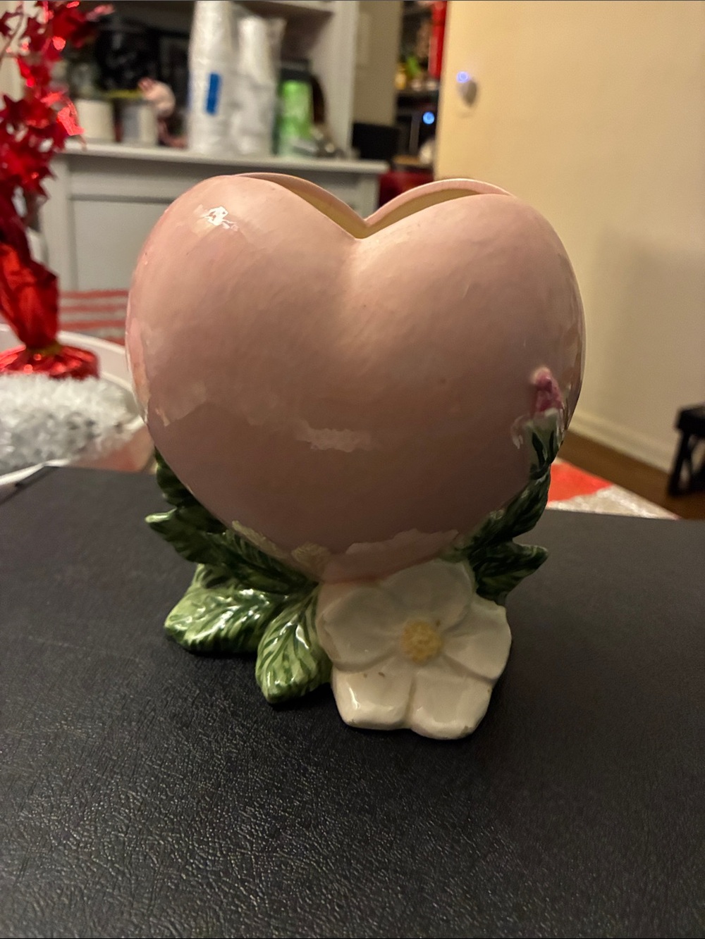 Pink Heart Ceramic Vase with White Flower Accent